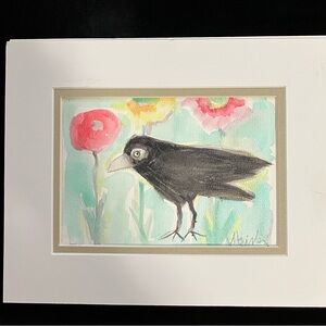 Garden Crow”An Original Watercolor /Mixed Media Painting Matted 5"x7"
